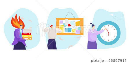 Problem business time stress management card set, people work under pressure deadline flat vector illustration, isolated on white. 96897915