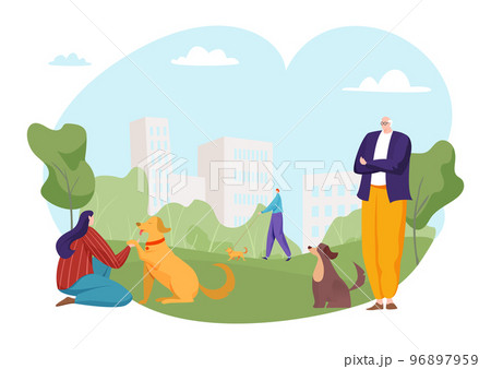 People together walk with home pet dog, outdoor cityscape park stroll domestic animal care flat vector illustration, isolated on white. People together walk with home pet dog, outdoor cityscape park stroll domestic animal care flat vector illustration, isolated on white. 96897959