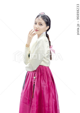 Asian woman wearing a traditional Korean national costume, Hanbok, standing 96898233