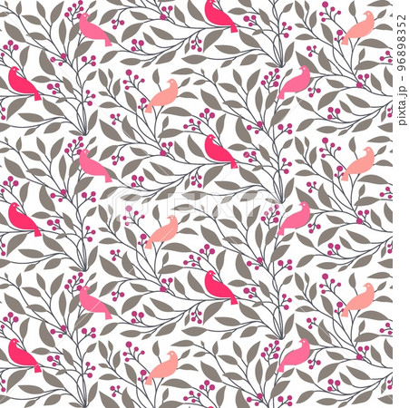 小鳥と木の実のリピートパターン、小鳥と木の実のシームレスパターン、森の中の小鳥と木の実のイラスト 96898352