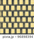 windows on brown brick house wall. seamless background illustration with yellow windows glowing in a dark, night architecture city scene. 96898394