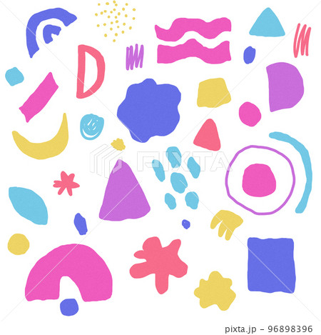 abstract hand drawn pattern with a set of objects in bright colors. Spots, lines and dots. print for textile or cover. 96898396