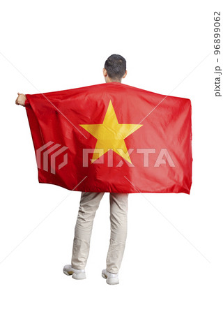 Asian men celebrate Vietnam independence day on 02 September by holding the Vietnam flag 96899062