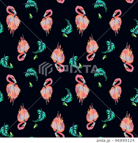 Tropical birds flamingo and palm leaves watercolor seamless pattern on dark background. 96899124