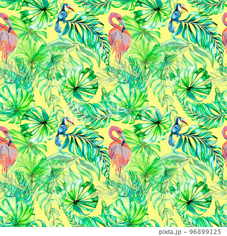 Tropical birds and palm leaves watercolor seamless pattern on yellow background Tropical birds and palm leaves watercolor seamless pattern on yellow background 96899125