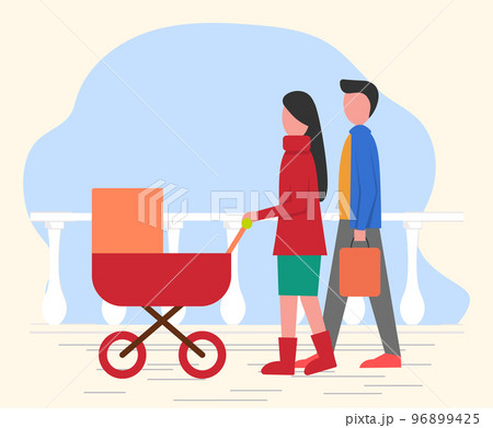 Mother, Father with Child in Baby Buggy, Family 96899425