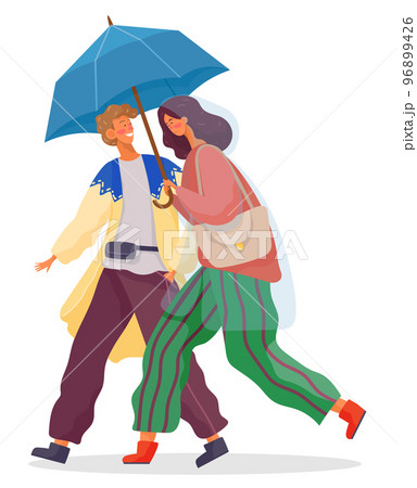 Woman and Man Walking Together Under Umbrella 96899426