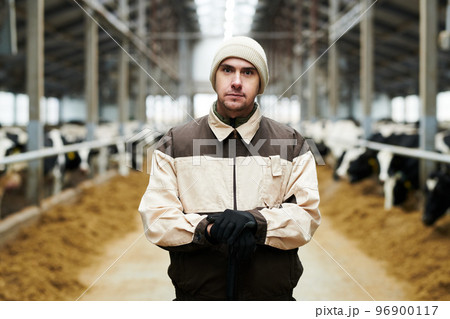 Young serious male owner of modern cowfarm in uniform 96900117