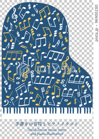 手書きの音符とピアノのイラスト ベクター 踊る音符のパターン 96900280