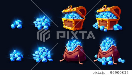 Treasure chest and bag with gem stones game icons Treasure chest and bag with gem stones game icons 96900332