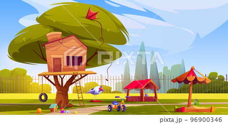 Summer landscape of playground with tree house Summer landscape of playground with tree house 96900346