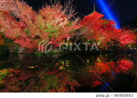 【京都府】シンメトリーな清水寺の三重塔と紅葉ライトアップ 【京都府】シンメトリーな清水寺の三重塔と紅葉ライトアップ 96900661