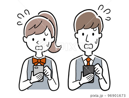 ベクターイラスト素材:スマホを使う学生の男女、困る ベクターイラスト素材:スマホを使う学生の男女、困る 96901673
