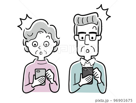 ベクターイラスト素材：スマホを使うシニア男女、驚く 96901675