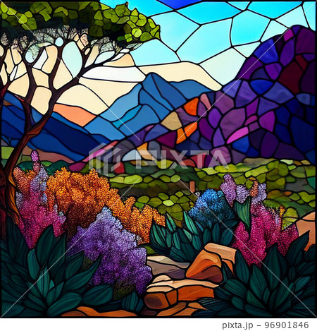 ステンドグラスの春の草原と山 AI画像 ステンドグラスの春の草原と山 AI画像 96901846
