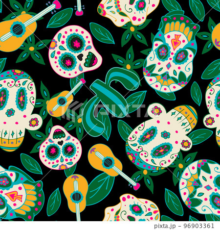 Colorful Seamless Pattern with Traditional Mexican Hand Drawn Skull. Colorful Seamless Pattern with Traditional Mexican Hand Drawn Skull. 96903361