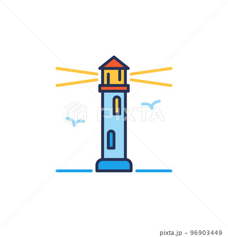Lighthouse with Seagulls vector concept simple colored icon Lighthouse with Seagulls vector concept simple colored icon 96903449