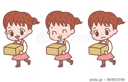 ダンボールを運ぶエプロンの女性_表情バリエーションセット ダンボールを運ぶエプロンの女性_表情バリエーションセット 96903596