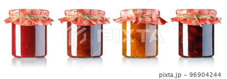 set of fruits jam in glass jars covered with paper isolated on white set of fruits jam in glass jars covered with paper isolated on white 96904244