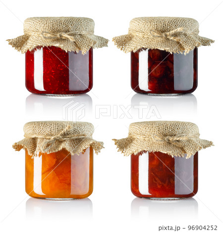 collection of fruits jam in small glass jars covered with sackcloth isolated on white 96904252