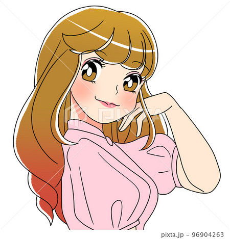 自信に満ち溢れる髪をかきあげるセミロングパーマの若い女性のイラスト 96904263