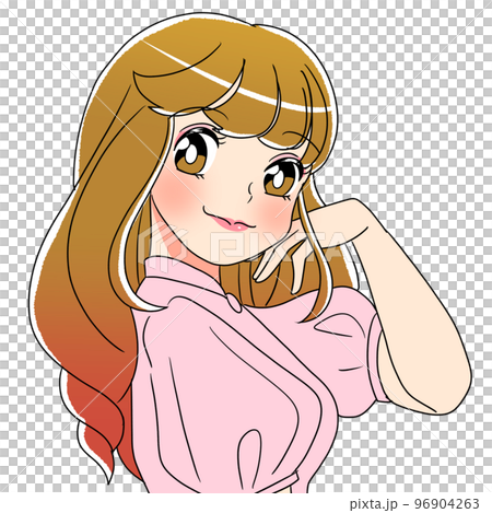 自信に満ち溢れる髪をかきあげるセミロングパーマの若い女性のイラスト 96904263