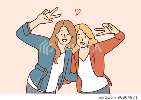 Smiling girls hug show unity Smiling girls hug show unity 96904971