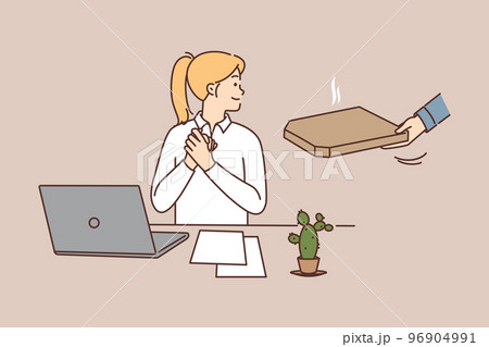 Female employee get pizza delivery in office Female employee get pizza delivery in office 96904991