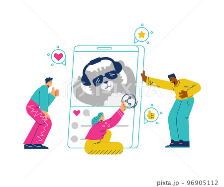 Happy tiny people watching funny cat on huge mobile phone screen flat style Happy tiny people watching funny cat on huge mobile phone screen flat style 96905112