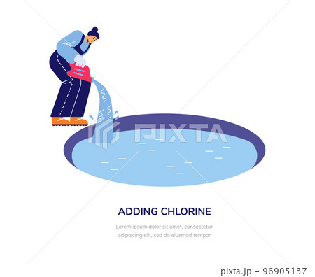 Woman in uniform adding chlorine to swimming pool water, flat vector illustration isolated on white background. 96905137