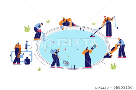 Swimming pool maintenance service, flat vector illustration isolated on white background. Swimming pool maintenance service, flat vector illustration isolated on white background. 96905156