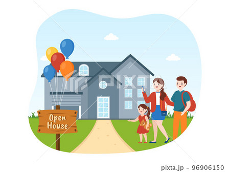 Open House for Inspection Property Welcome to Your New Home Real Estate Service in Flat Cartoon Hand Drawn Templates Illustration 96906150