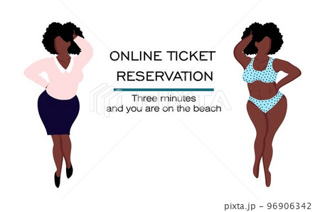booking and buying tickets online. ONLINE SERVICE OF TOURIST SERVICES. Journey. black woman in a swimsuit. booking and buying tickets online. ONLINE SERVICE OF TOURIST SERVICES. Journey. black woman in a swimsuit. 96906342