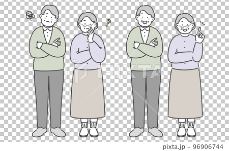 兩男一女一對老年夫婦一臉苦惱一臉笑臉全身插畫素材 96906744