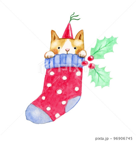 クリスマスプレゼントの靴下に入る猫【手描き水彩画】 クリスマスプレゼントの靴下に入る猫【手描き水彩画】 96906745