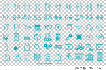 シンプルな線デザインの業種や職業 仕事のベクターアイコン・ピクトグラムセット_水色_透過PNG 96907323