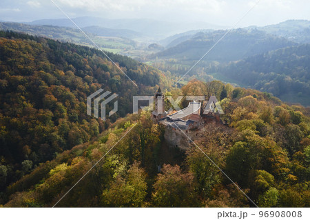 Aerial view of Grodno castle in Zagorze, Poland at autumn season 96908008