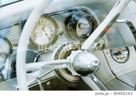 Retro car dashboard with srteering wheel Retro car dashboard with srteering wheel 96908283