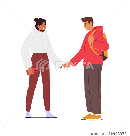 Male and Female Characters Holding Hands Front View. Loving Couple Romantic Relations. Man and Woman Walking 96908372
