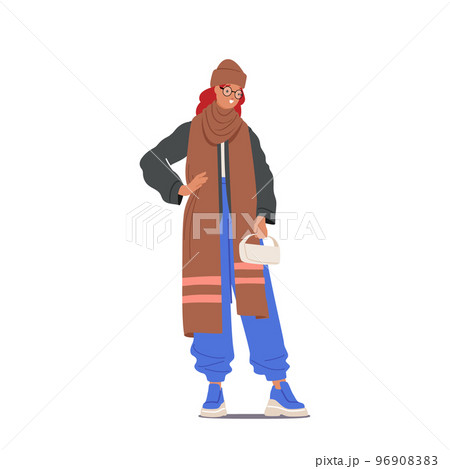 Winter Fashion Concept. Female Character Posing in Warm Clothes Isolated on White Background. Girl in Long Scarf, Hat 96908383