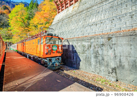 秋の黒部峡谷　トロッコ電車から見た小屋平駅とトロッコ電車　富山県黒部市 96908426