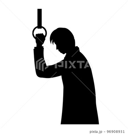 つり革につかまる疲れたサラリーマンのシルエットイラスト 96908931