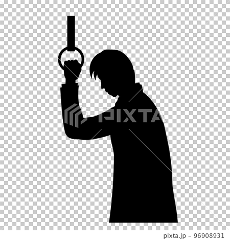 つり革につかまる疲れたサラリーマンのシルエットイラスト 96908931