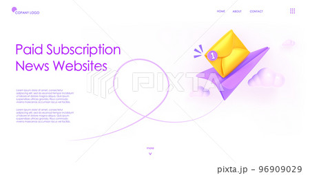 Paid subscription news websites banner. 3D render landing page with isometric paper plane, mail envelope and notification icon. Subscribe to newsletter, email messages service. 3D illustration 96909029