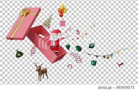 Santa claus in pink open gift box, christmas tree, reindeer, paper bags, balloon isolated. website, poster or Happiness cards, festive New Year concept, 3d illustration, 3d render 96909075