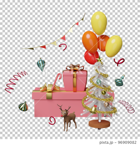 pink gift box with balloon, christmas tree, reindeer isolated. website, poster or Happiness cards, festive New Year concept, 3d illustration or 3d render 96909082