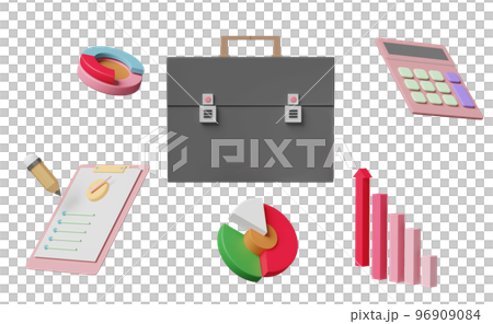 briefcase with analysis business financial data, white clipboard checklist, calculator, arrow, bar graph isolated. Online marketing, business strategy concept, 3d illustration, 3d render 96909084