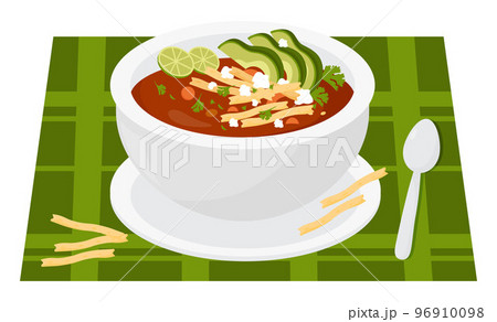 Traditional zesty Mexican Tomato Soup with tortilla chips. Latin American national dish popular soup puree. Vector illustration in flat style for design and decoration menu, culinary themes. 96910098