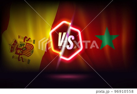 Morocco versus Spain game concept. 3d vector illustration with neon label