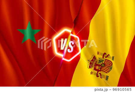 Morocco versus Spain game score table template. 3d vector illustration with neon label